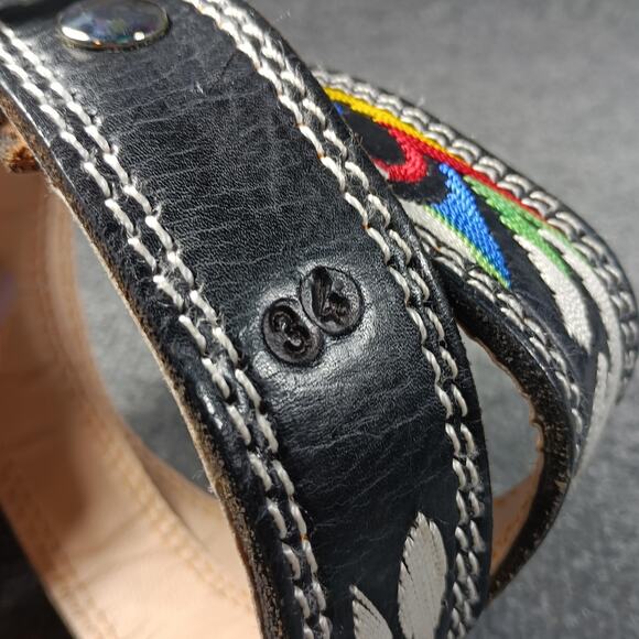 Vintage Embroidered Leather Western Belt Women 34 Black Colorful Horse Motif 90s - Picture 5 of 5